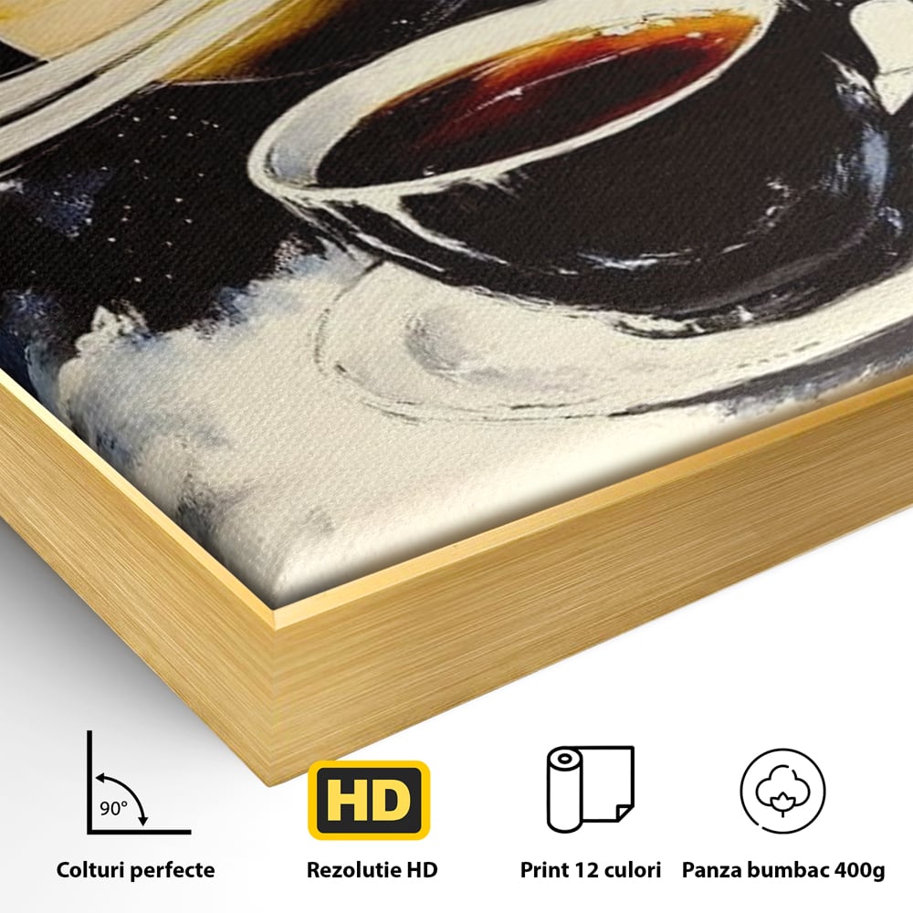Detaliu al suprafetei: tablou canvas cu ceasca si planeta saturn, in rama de aluminiu auriu