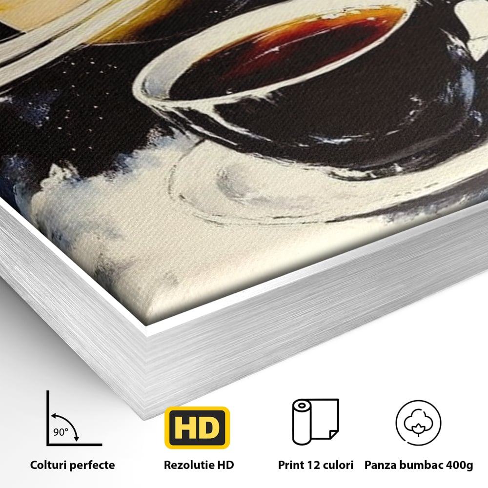 Detaliu al suprafetei: tablou canvas cu ceasca si planeta saturn, in rama de aluminiu argintiu