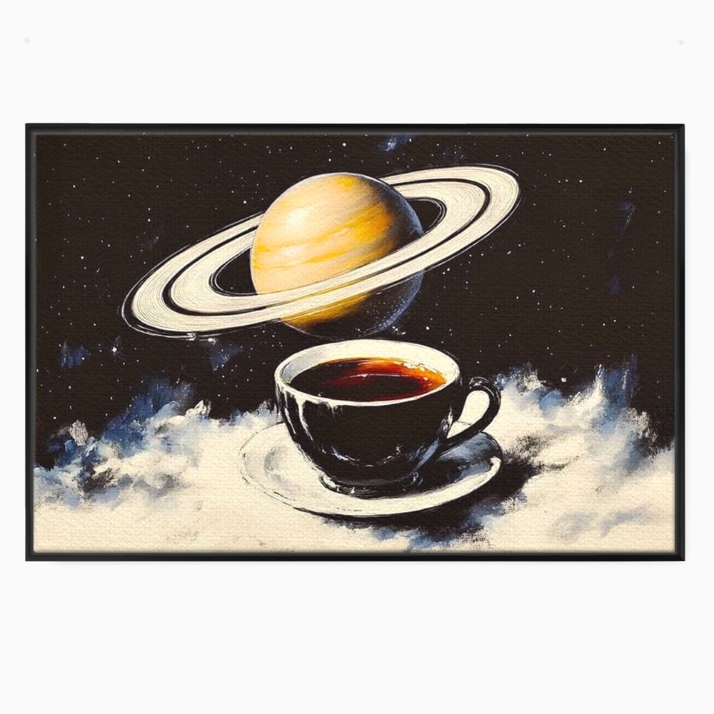 Tablou canvas cu tablou canvas cu ceasca si planeta saturn, in rama de aluminiu negru