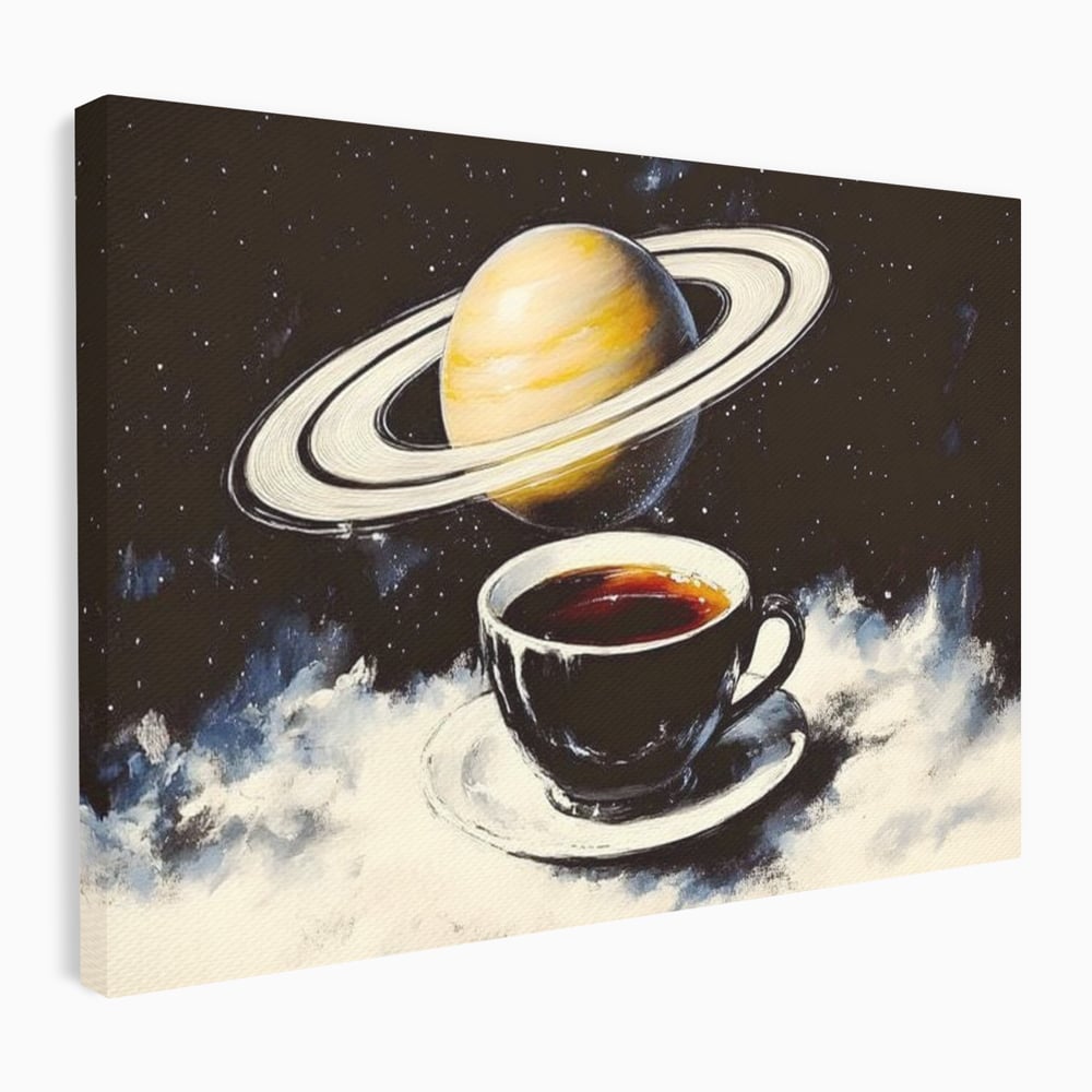 Tablou canvas cu tablou canvas cu ceasca si planeta saturn, fara rama, pe sasiu de lemn