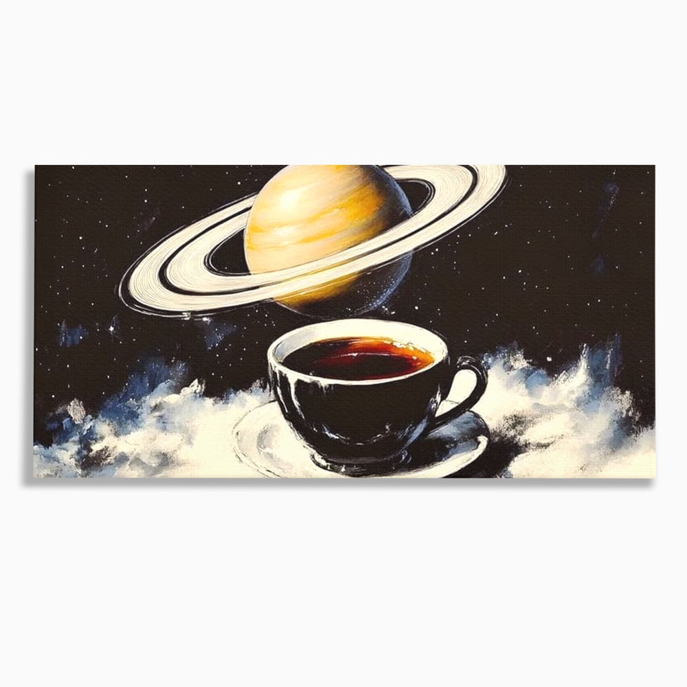 Tablou canvas cu tablou canvas cu ceasca si planeta saturn, fara rama, pe sasiu de lemn