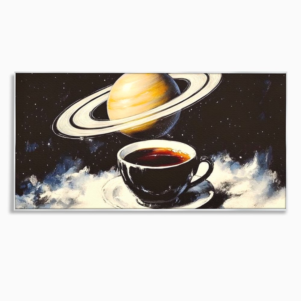 Tablou canvas cu tablou canvas cu ceasca si planeta saturn, in rama de aluminiu argintiu