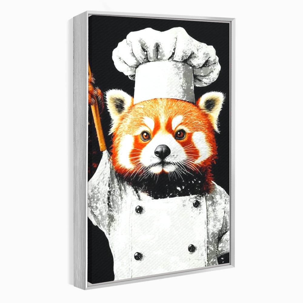 Tablou canvas cu tablou canvas cu panda rosu bucatar, in rama de aluminiu argintiu