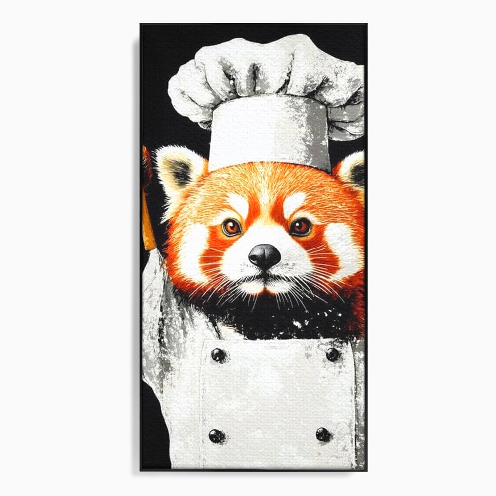 Tablou canvas cu tablou canvas cu panda rosu bucatar, in rama de aluminiu negru
