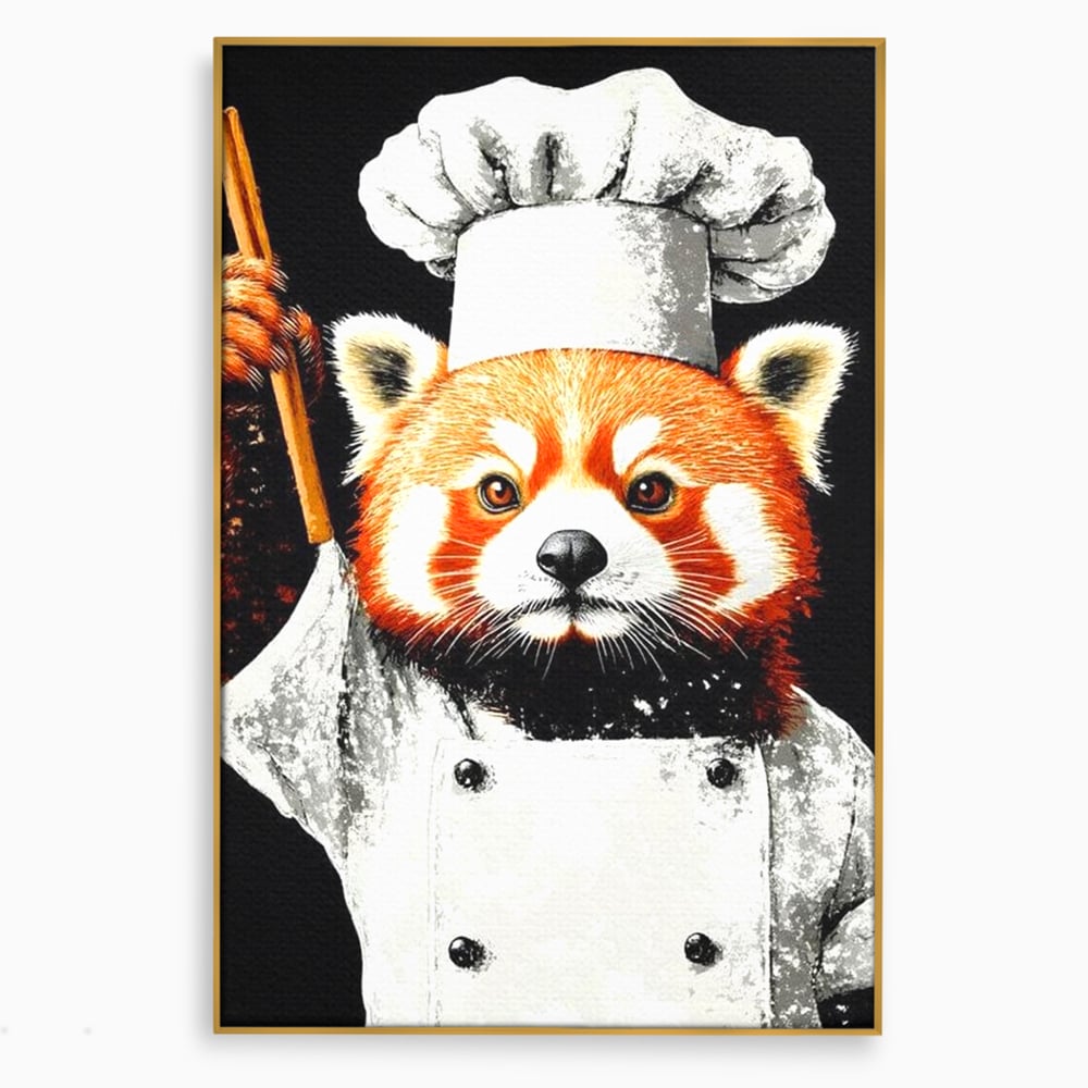Tablou canvas cu tablou canvas cu panda rosu bucatar, in rama de aluminiu auriu