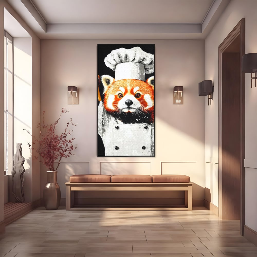 Tablou canvas cu tablou canvas cu panda rosu bucatar, in rama de aluminiu negru