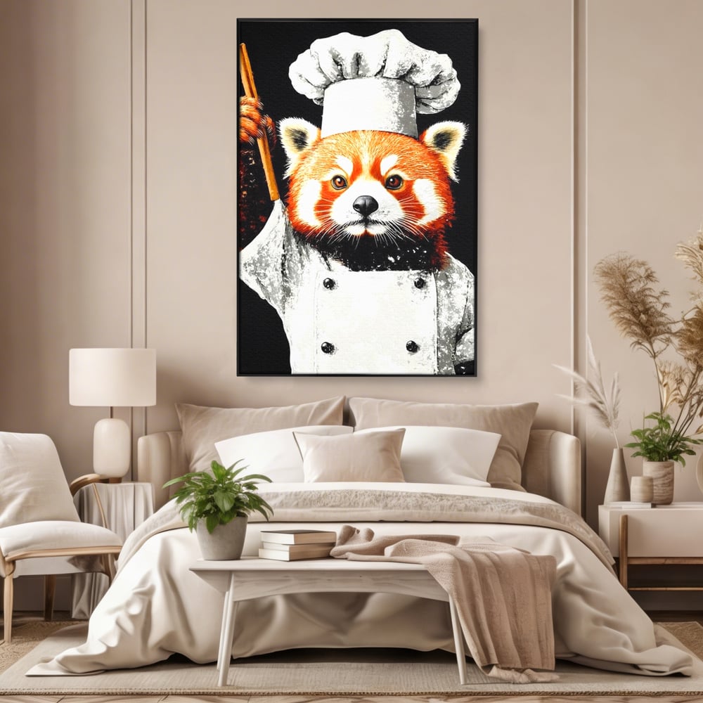Tablou canvas cu tablou canvas cu panda rosu bucatar, in rama de aluminiu negru, pe perete intr-un dormitor