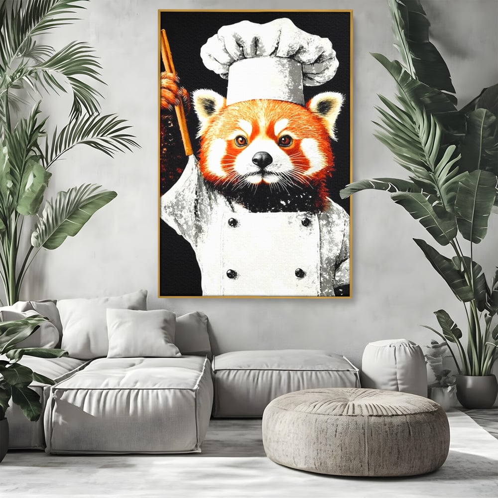 Tablou canvas cu tablou canvas cu panda rosu bucatar, in rama de aluminiu auriu, pe perete intr-un living