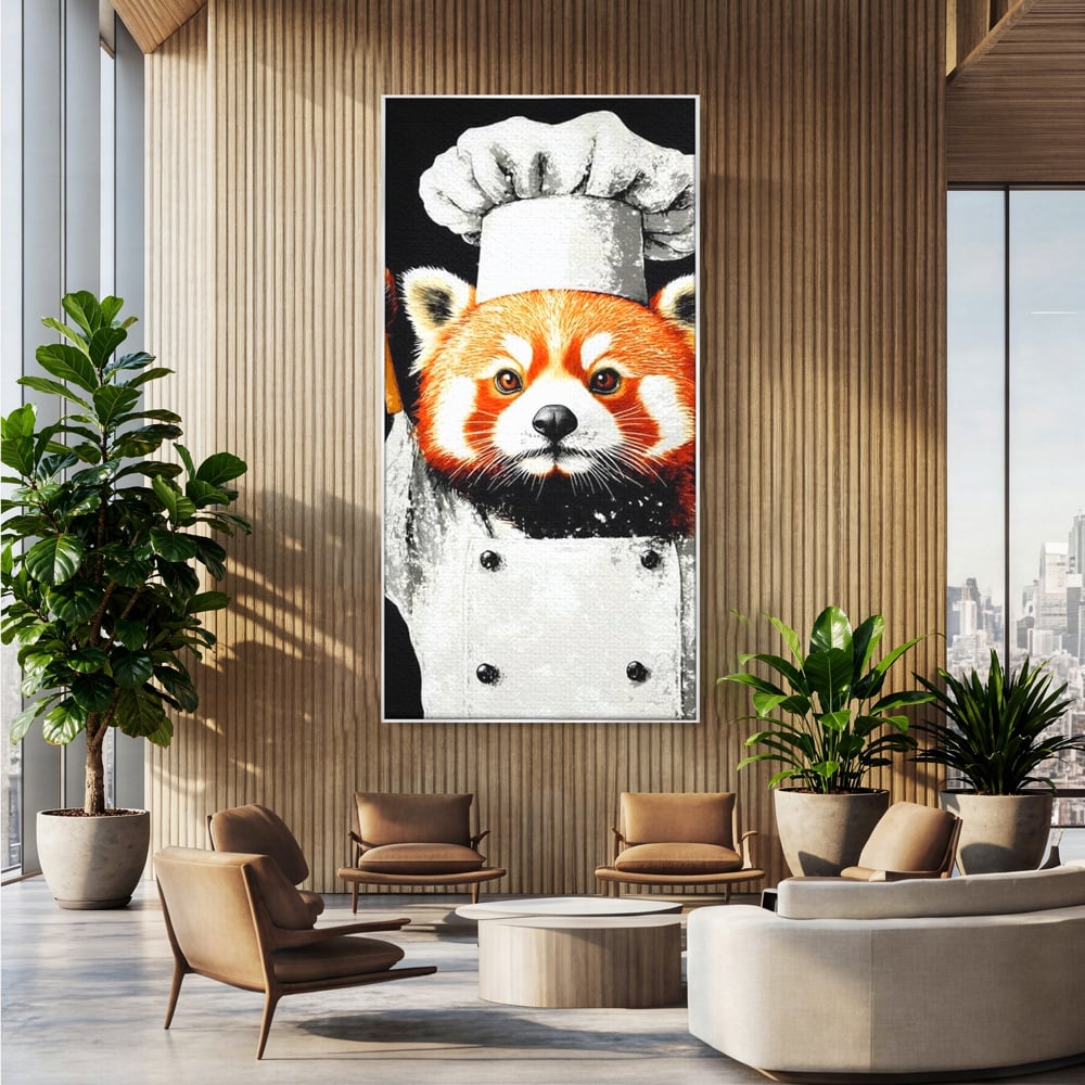 Tablou canvas cu tablou canvas cu panda rosu bucatar, in rama de aluminiu argintiu, pe perete intr-un birou