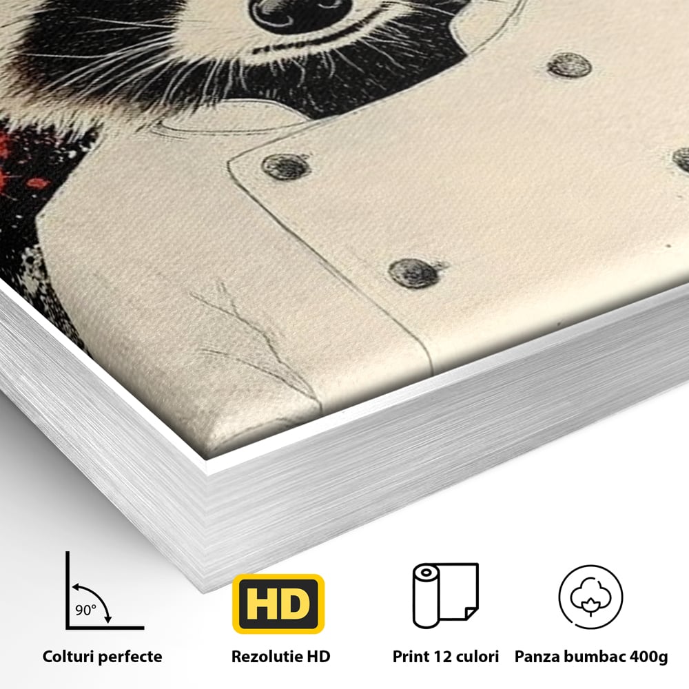 Detaliu al suprafetei: tablou canvas cu raton bucatar, in rama de aluminiu argintiu