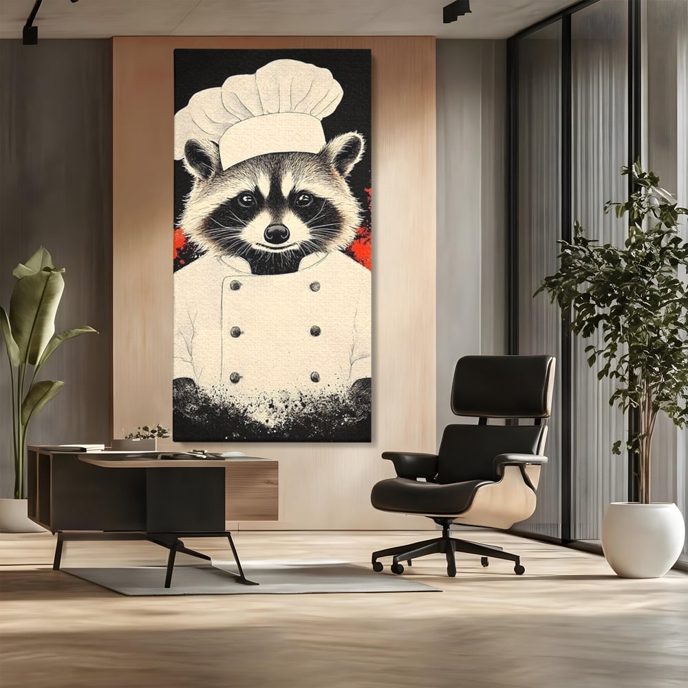 Tablou canvas cu tablou canvas cu raton bucatar, fara rama, pe sasiu de lemn, pe perete intr-un birou