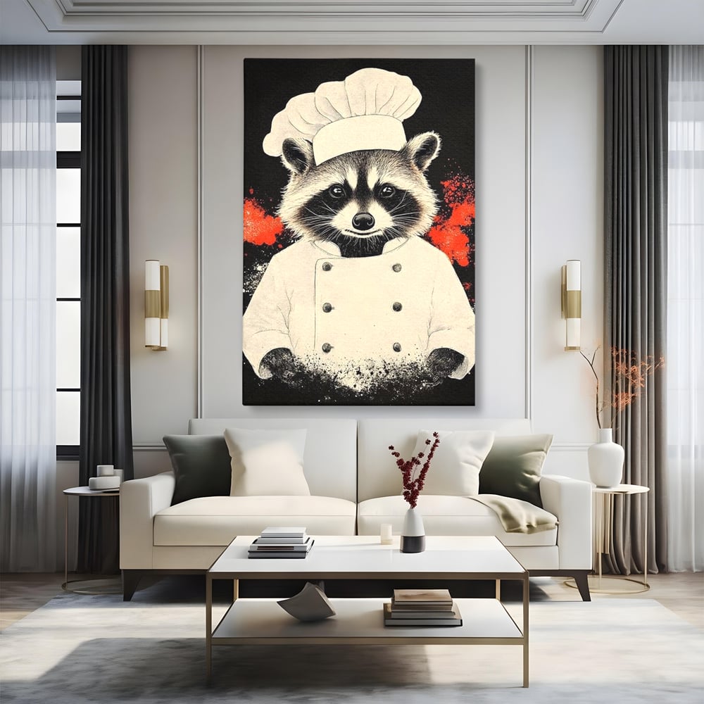 Tablou canvas cu tablou canvas cu raton bucatar, fara rama, pe sasiu de lemn, pe perete intr-un living