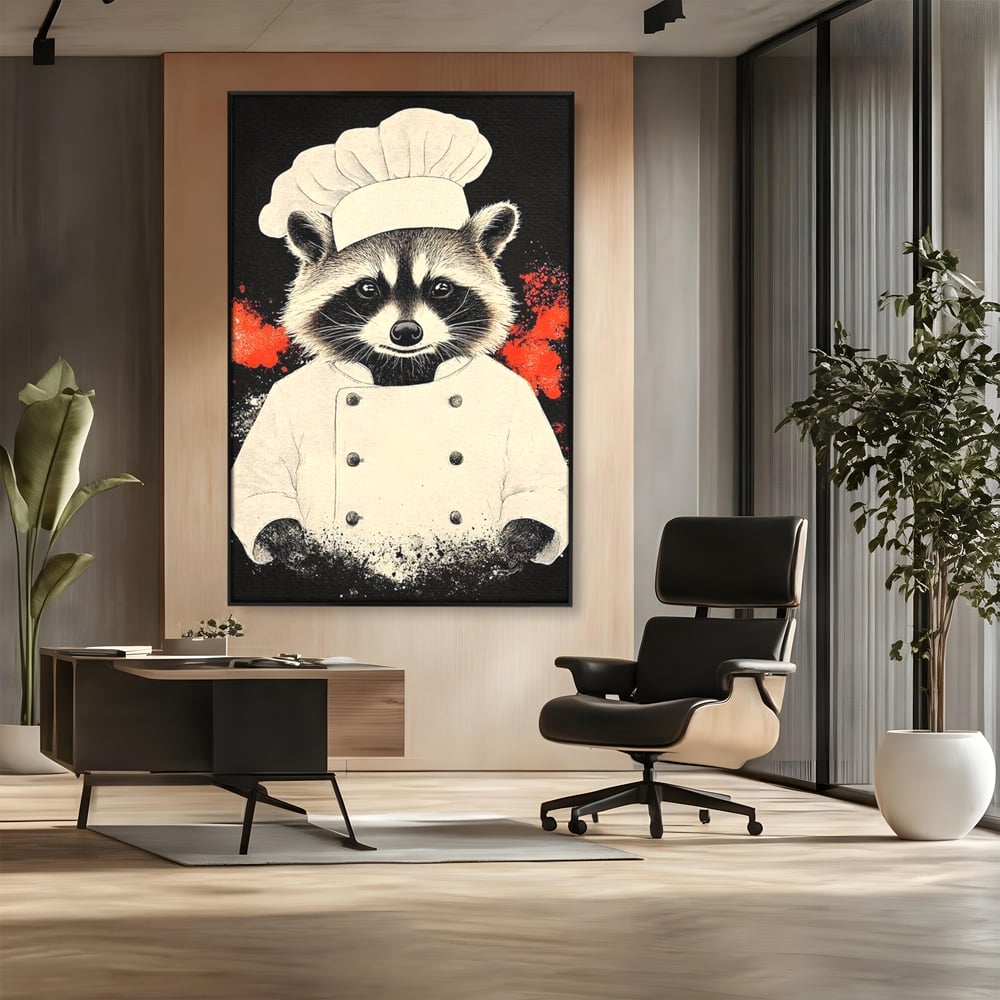 Tablou canvas cu tablou canvas cu raton bucatar, in rama de aluminiu negru, pe perete intr-un birou