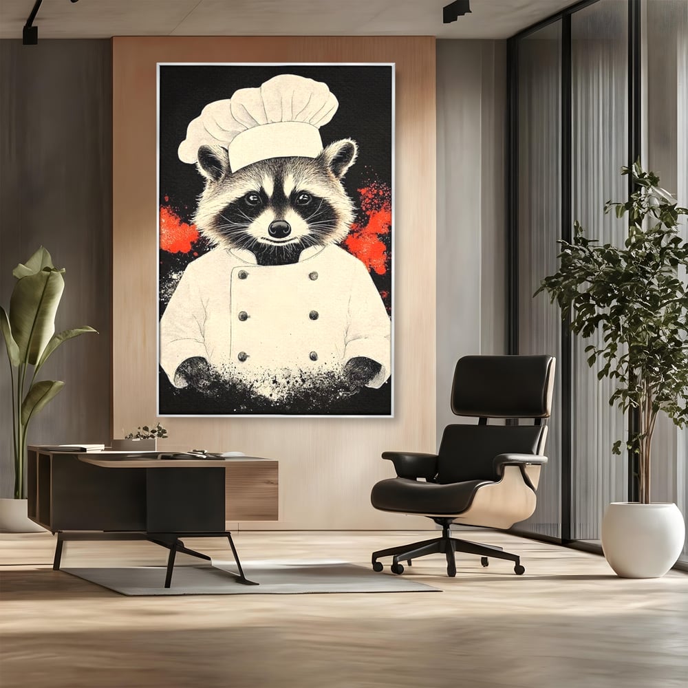 Tablou canvas cu tablou canvas cu raton bucatar, in rama de aluminiu argintiu, pe perete intr-un birou
