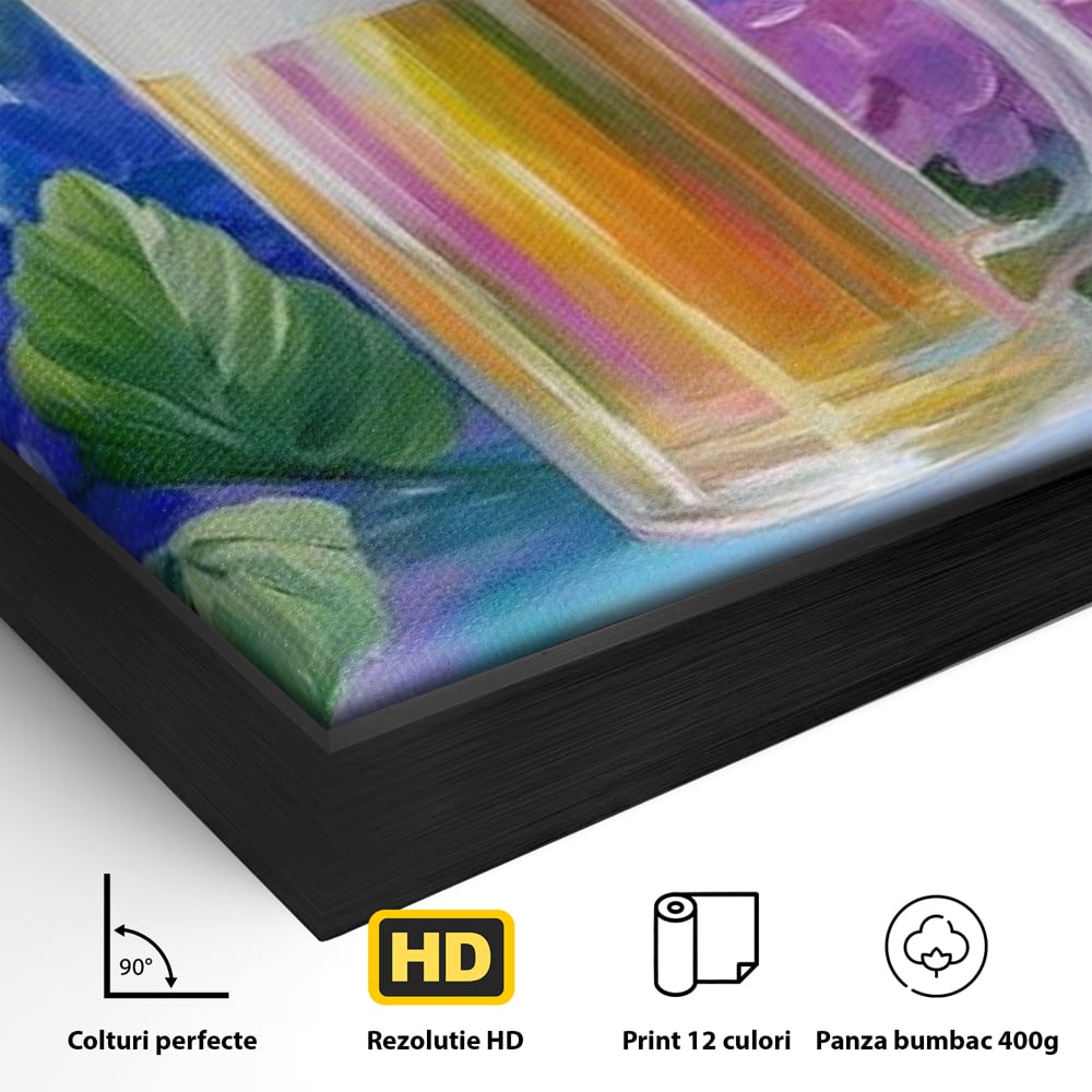 Detaliu al suprafetei: tablou canvas cu halba de bere si flori, in rama de aluminiu negru