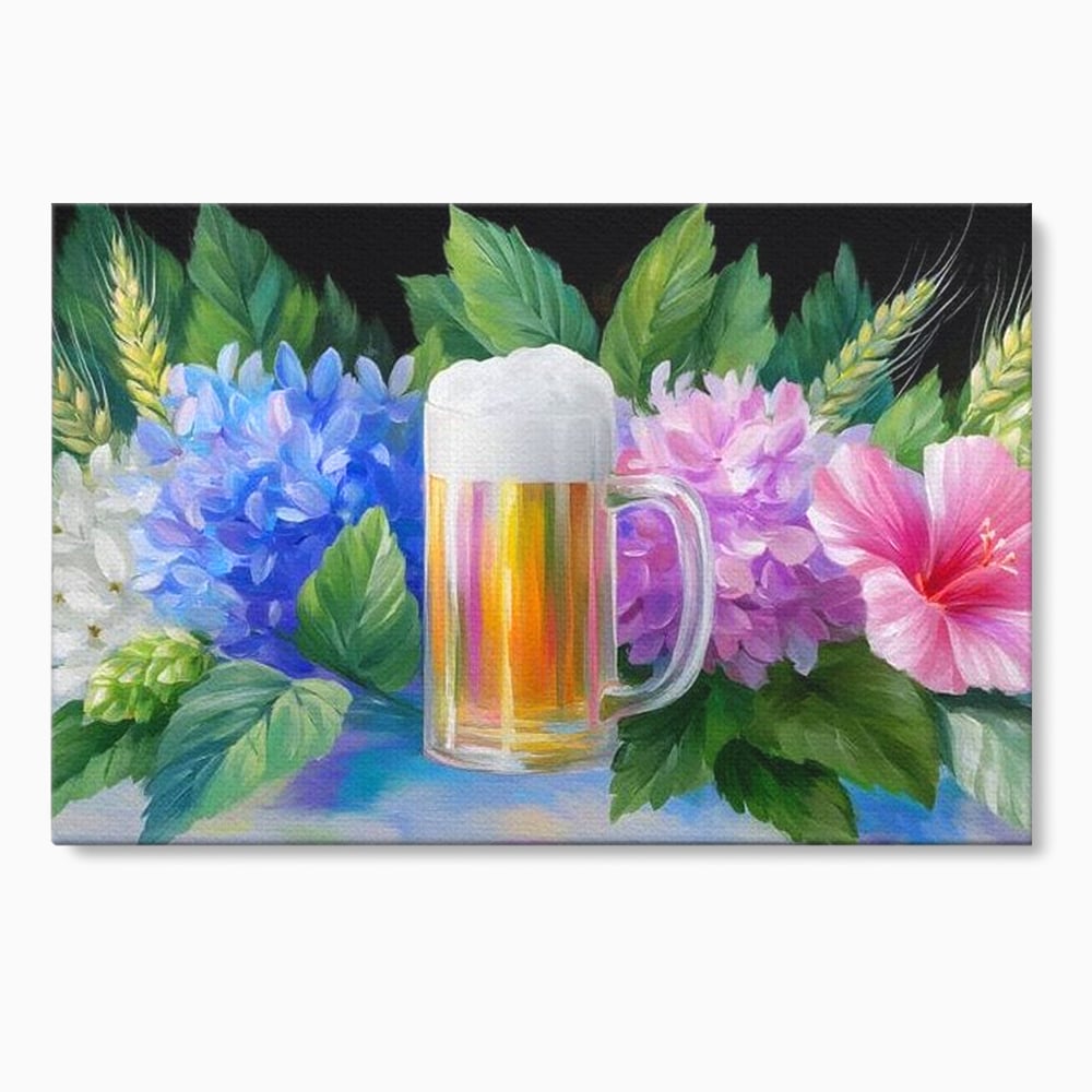 Tablou canvas cu tablou canvas cu halba de bere si flori, fara rama, pe sasiu de lemn