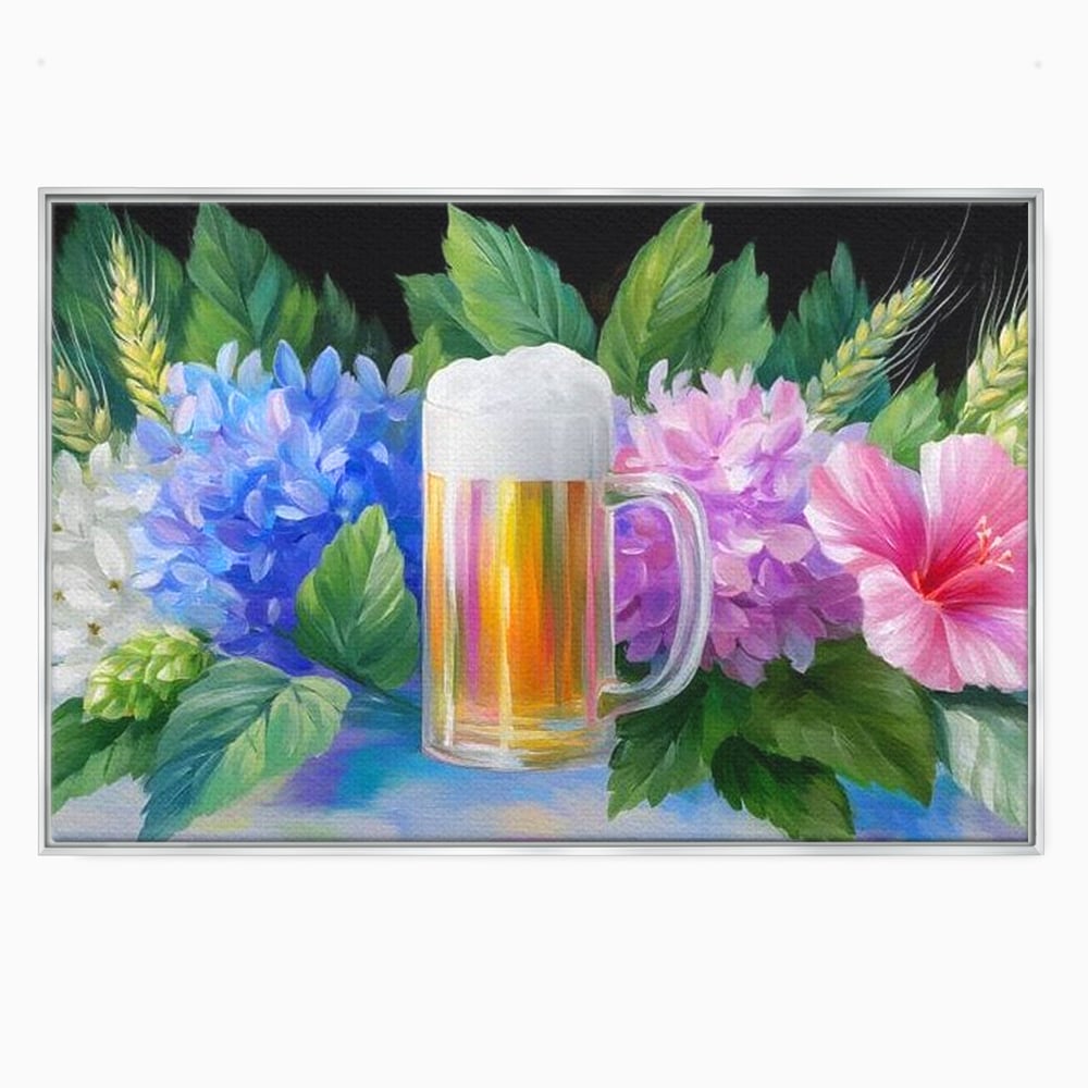 Tablou canvas cu tablou canvas cu halba de bere si flori, in rama de aluminiu argintiu