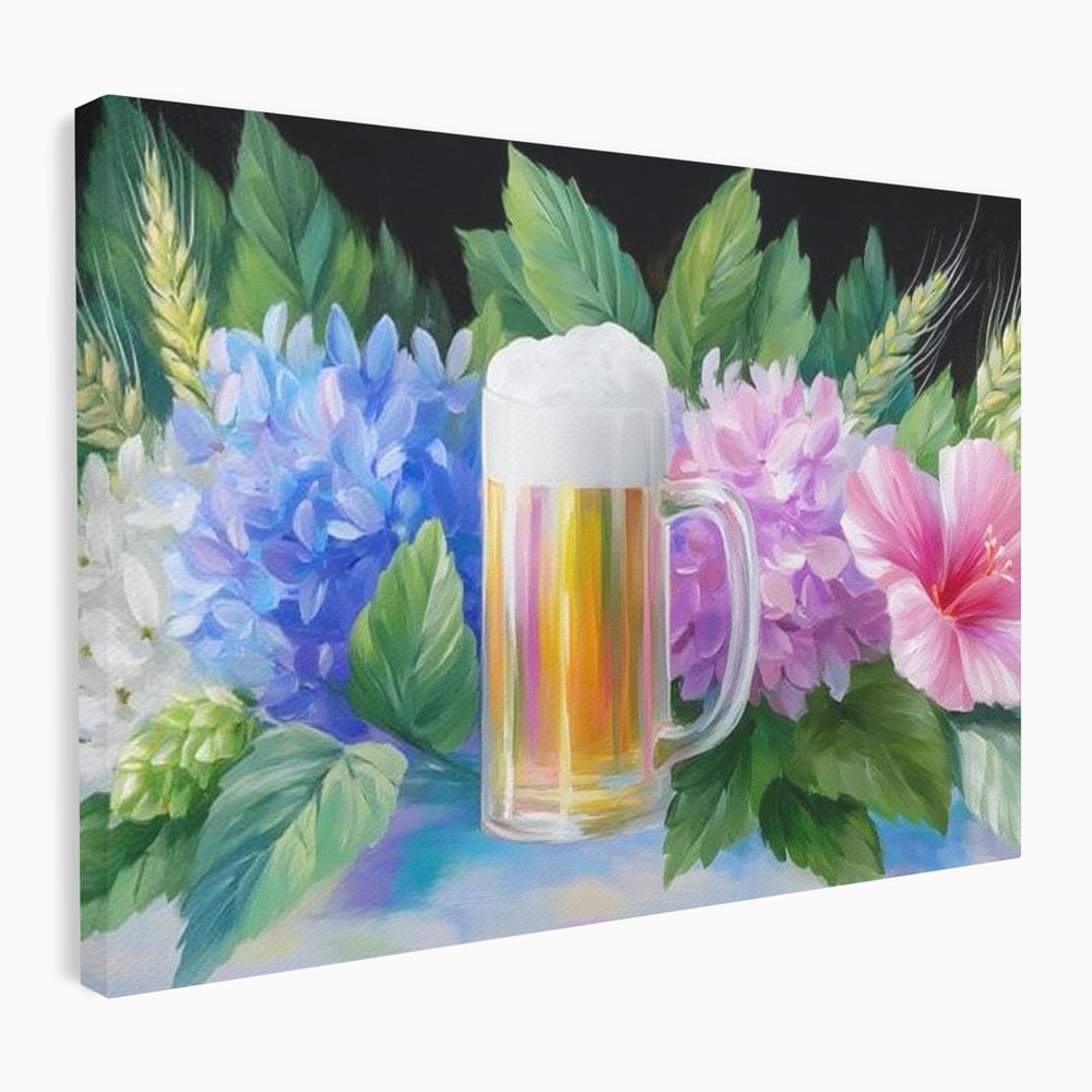 Tablou canvas cu tablou canvas cu halba de bere si flori, fara rama, pe sasiu de lemn