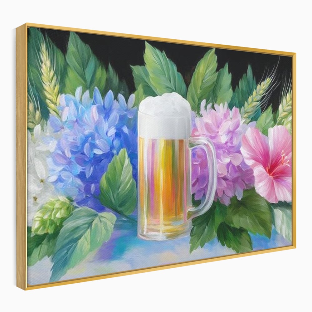 Tablou canvas cu tablou canvas cu halba de bere si flori, in rama de aluminiu auriu