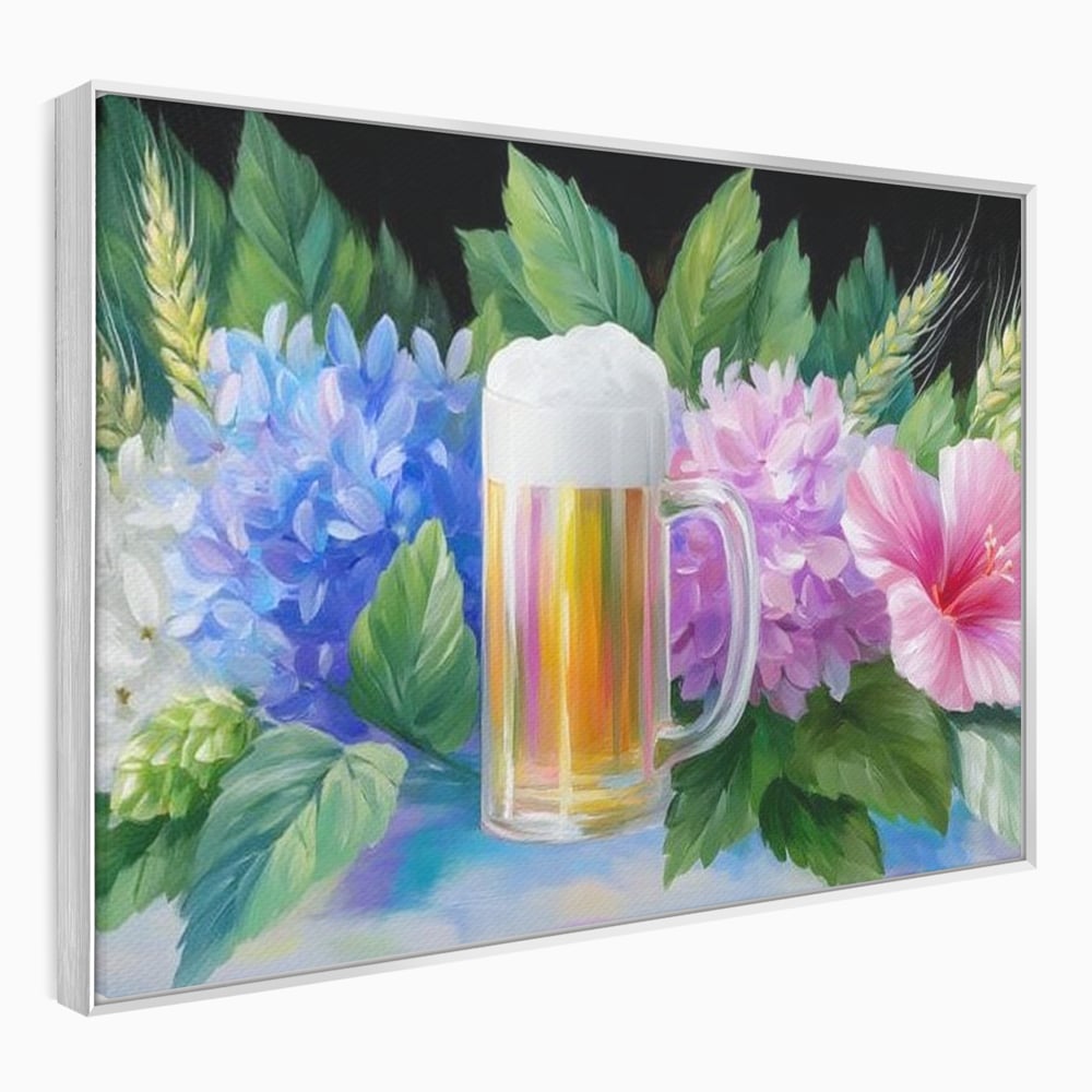 Tablou canvas cu tablou canvas cu halba de bere si flori, in rama de aluminiu argintiu