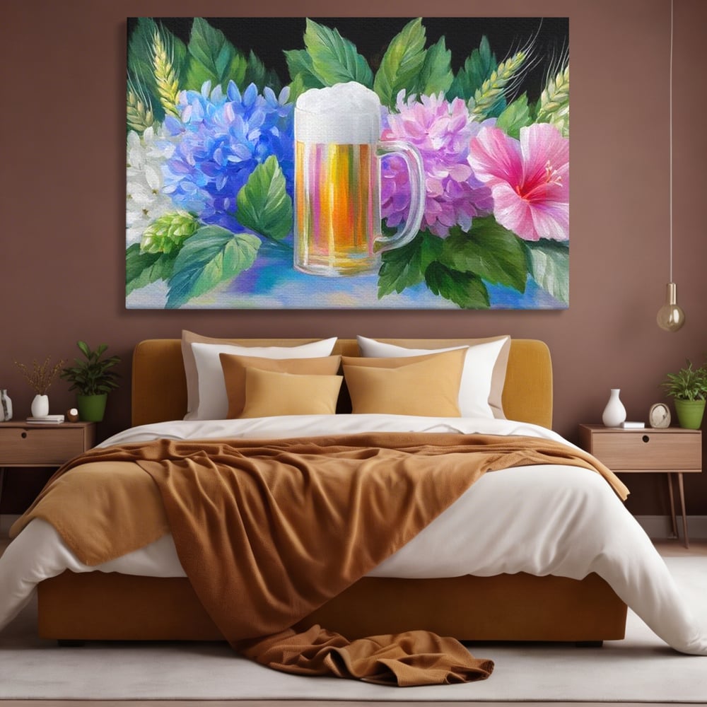 Tablou canvas cu tablou canvas cu halba de bere si flori, fara rama, pe sasiu de lemn, pe perete intr-un dormitor