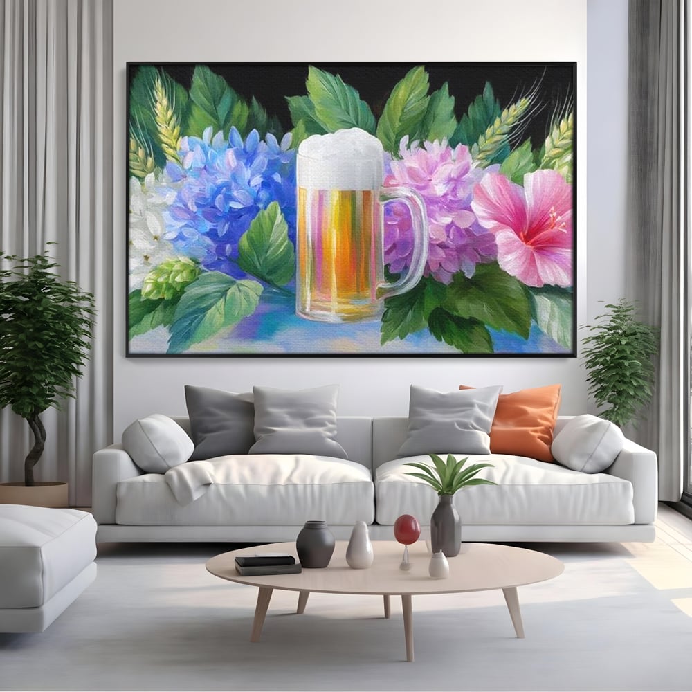 Tablou canvas cu tablou canvas cu halba de bere si flori, in rama de aluminiu negru, pe perete intr-un living