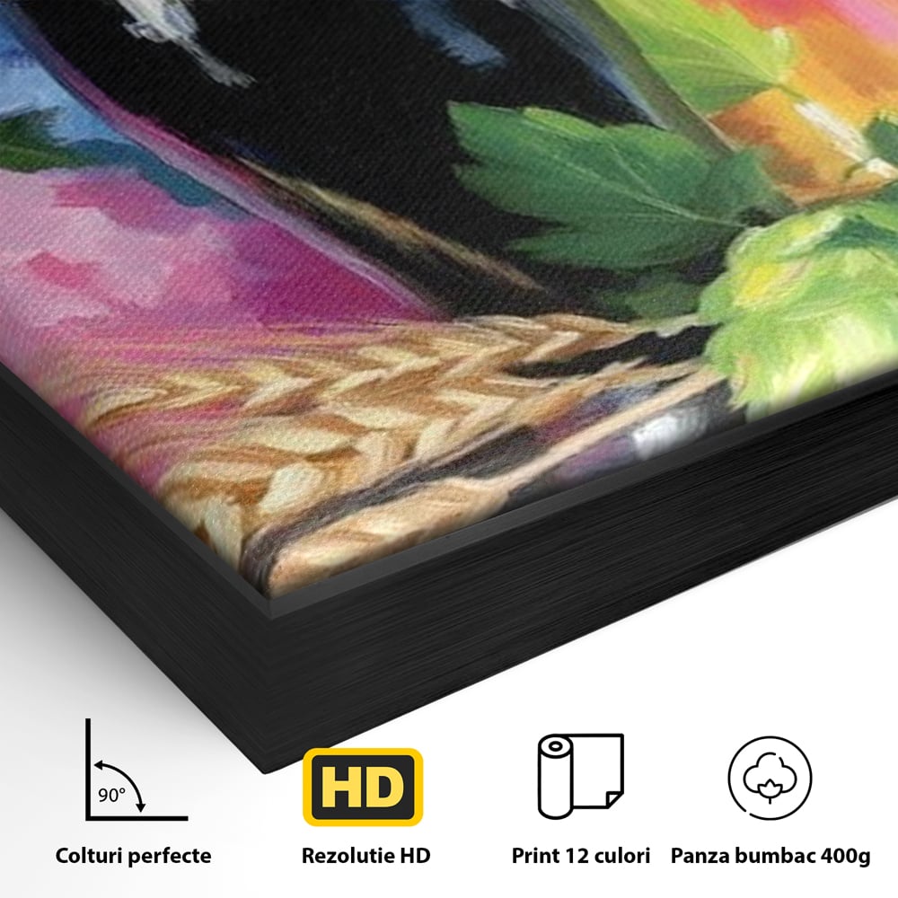 Detaliu al suprafetei: tablou canvas cu bere si flori, in rama de aluminiu negru
