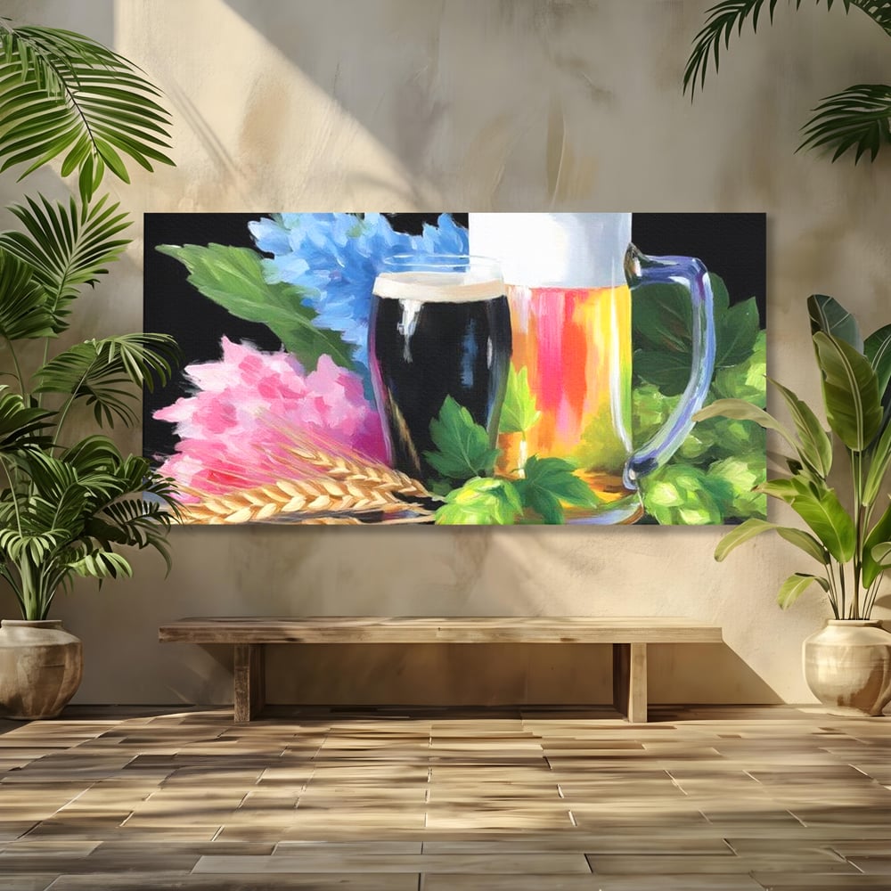Tablou canvas cu tablou canvas cu bere si flori, fara rama, pe sasiu de lemn