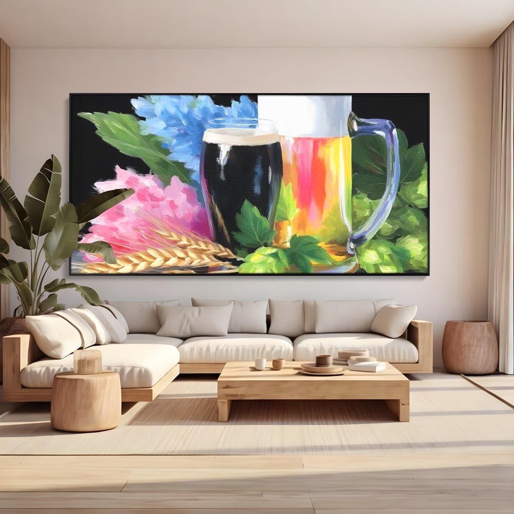 Tablou canvas cu tablou canvas cu bere si flori, in rama de aluminiu negru, pe perete intr-un living
