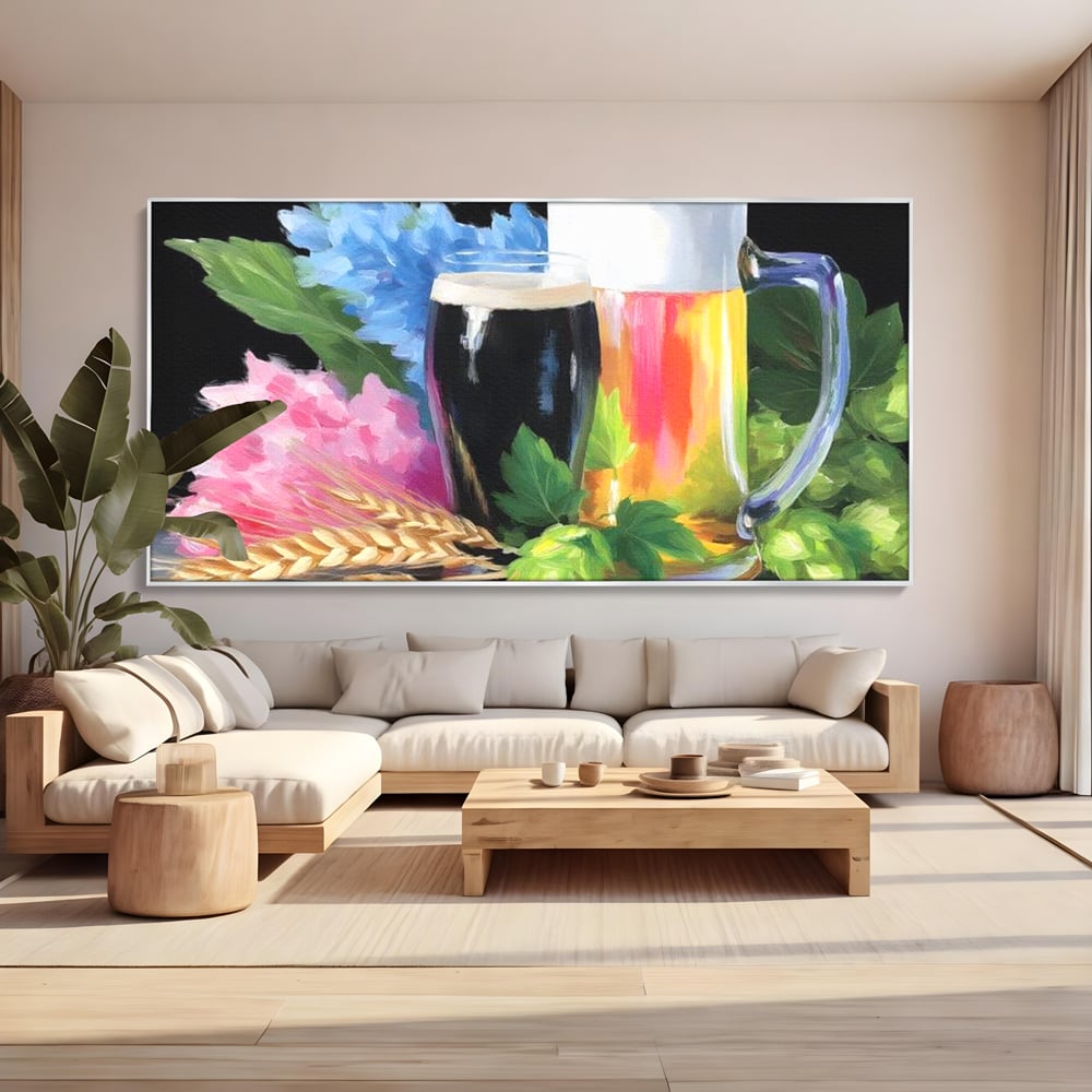 Tablou canvas cu tablou canvas cu bere si flori, in rama de aluminiu argintiu, pe perete intr-un living