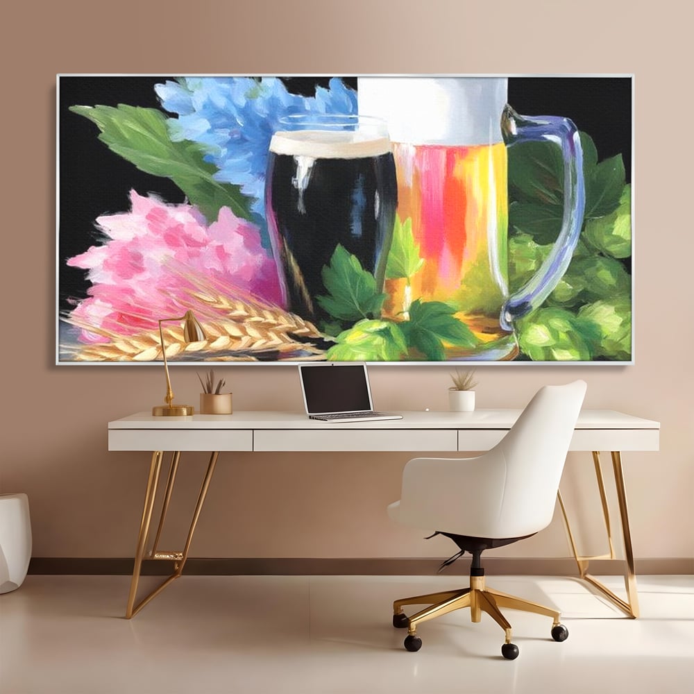 Tablou canvas cu tablou canvas cu bere si flori, in rama de aluminiu argintiu, pe perete intr-un birou