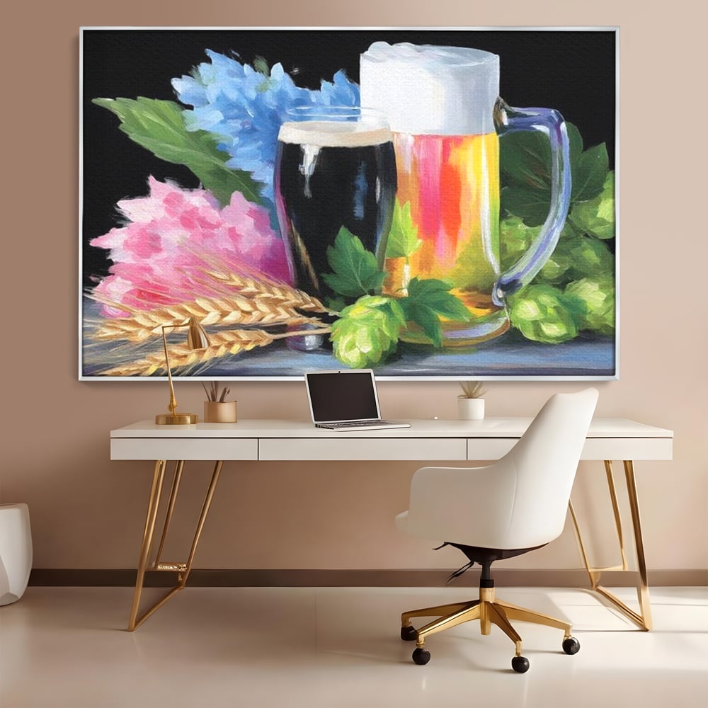 Tablou canvas cu tablou canvas cu bere si flori, in rama de aluminiu argintiu, pe perete intr-un birou