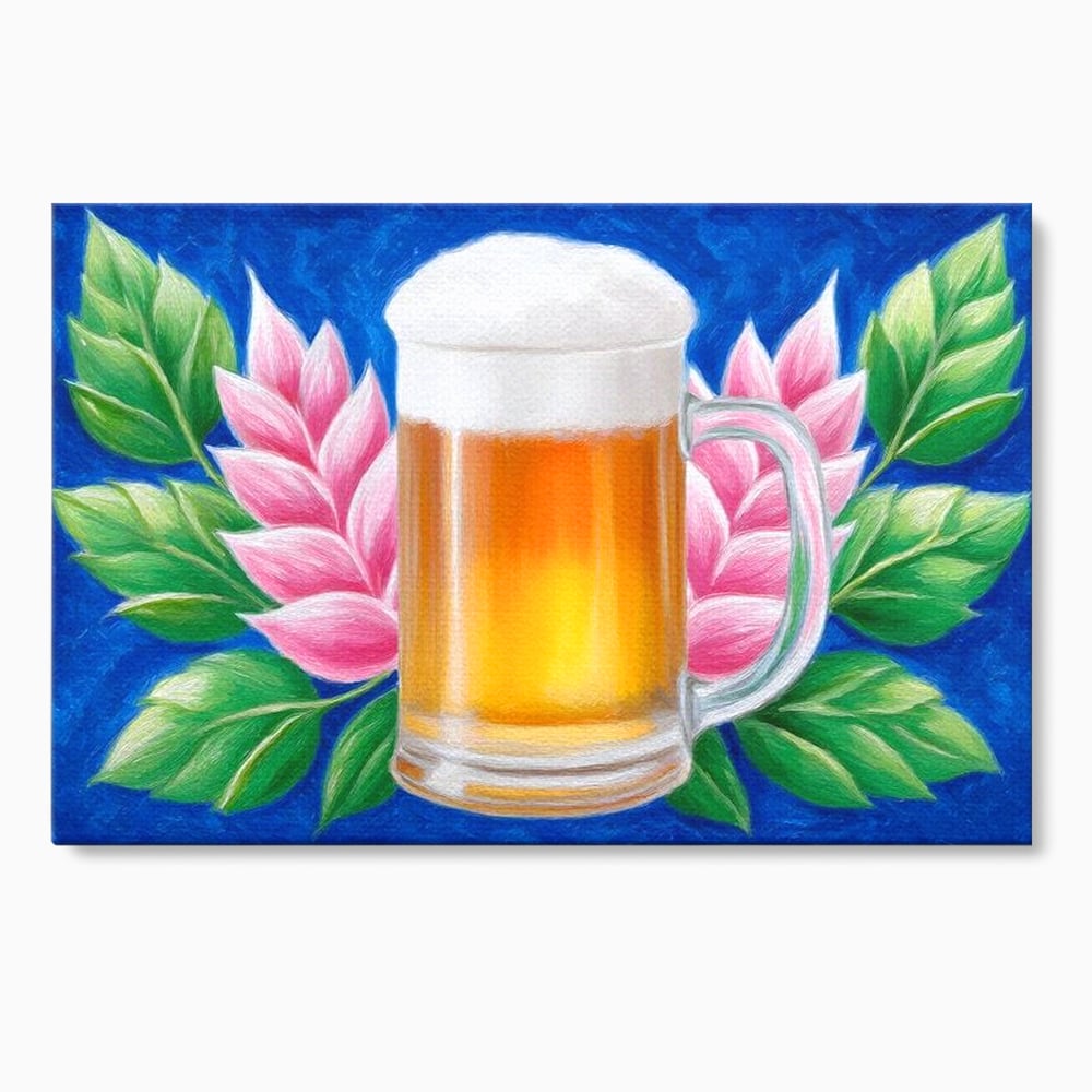 Tablou canvas cu tablou canvas cu halba de bere si flori roz, fara rama, pe sasiu de lemn
