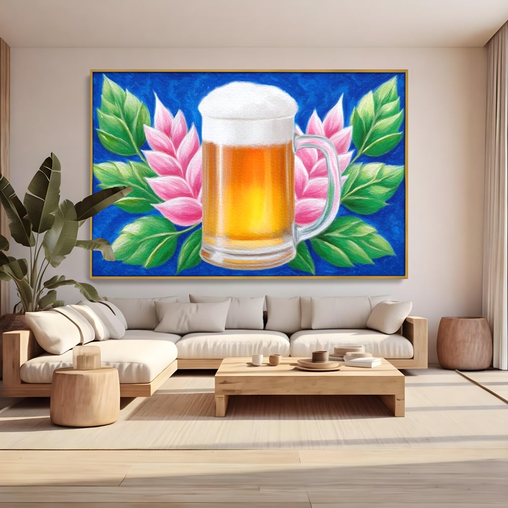 Tablou canvas cu tablou canvas cu halba de bere si flori roz, in rama de aluminiu auriu, pe perete intr-un living