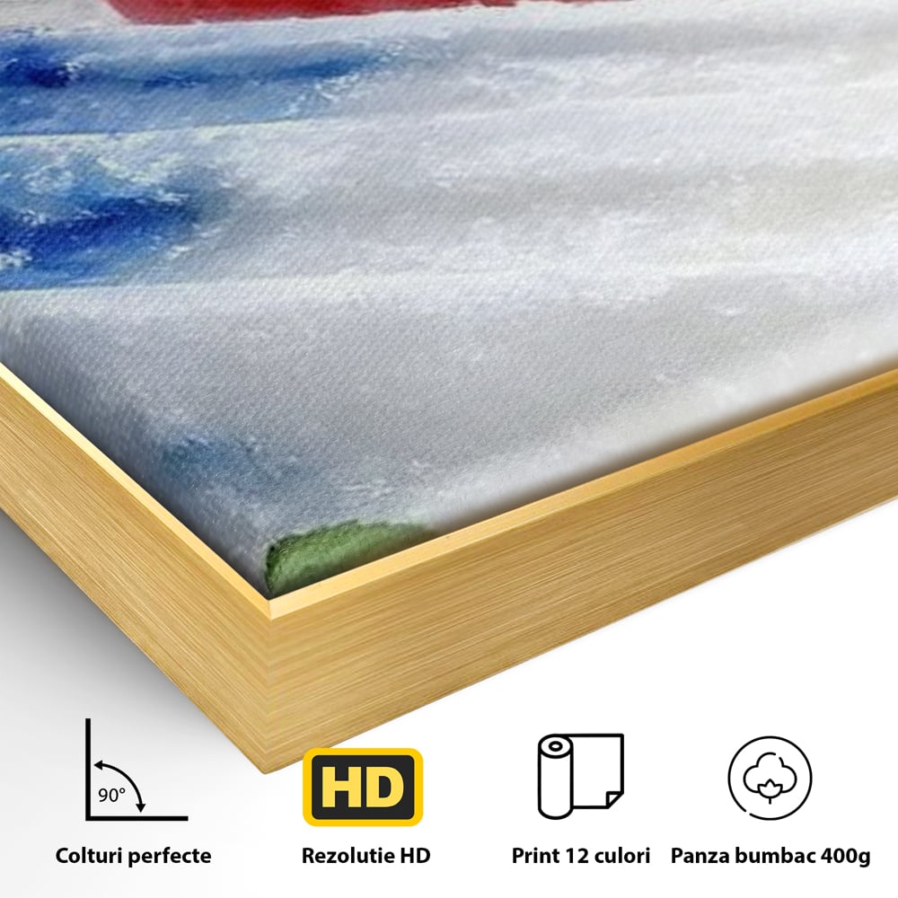Detaliu al suprafetei: tablou canvas cu inghetata si fructe, in rama de aluminiu auriu
