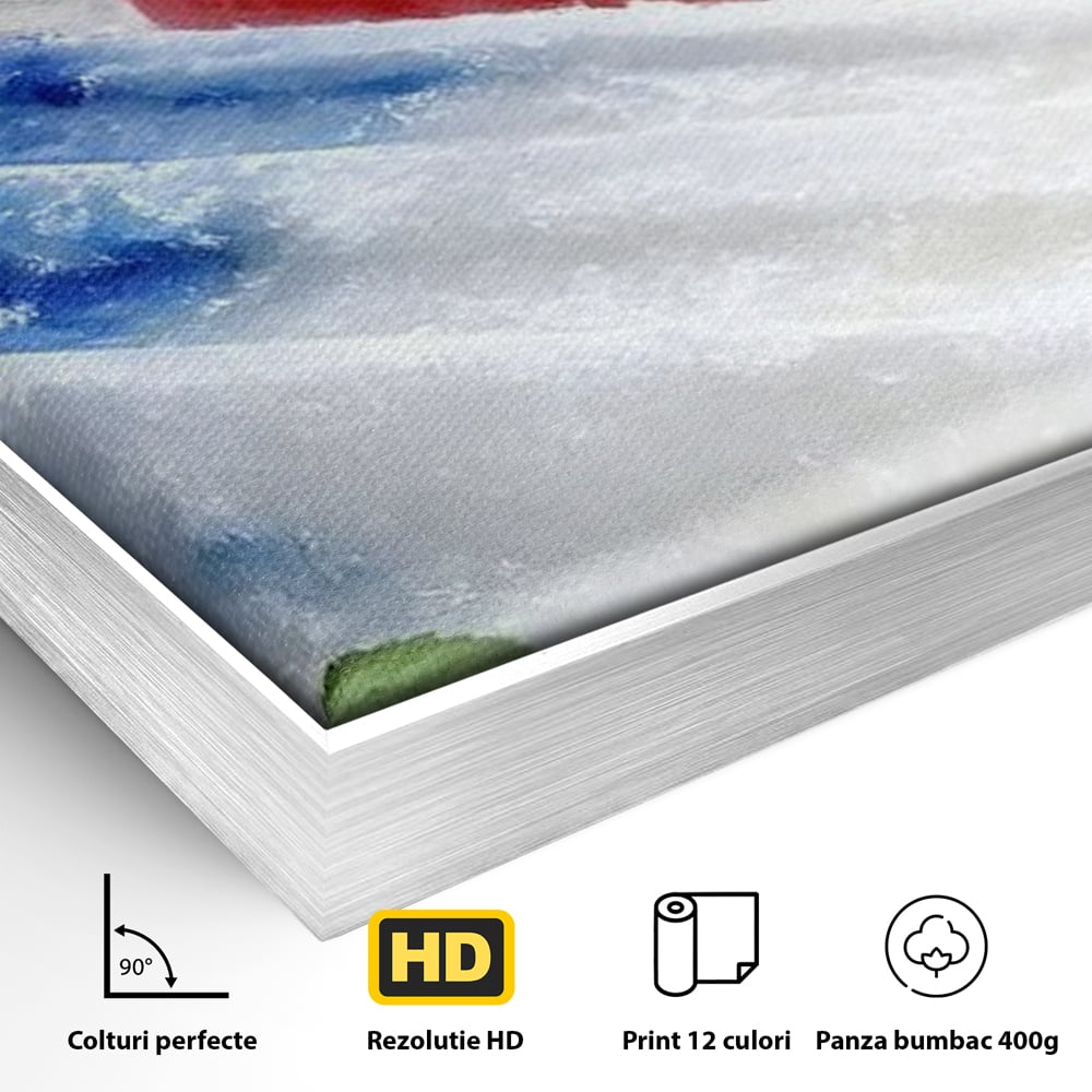 Detaliu al suprafetei: tablou canvas cu inghetata si fructe, in rama de aluminiu argintiu