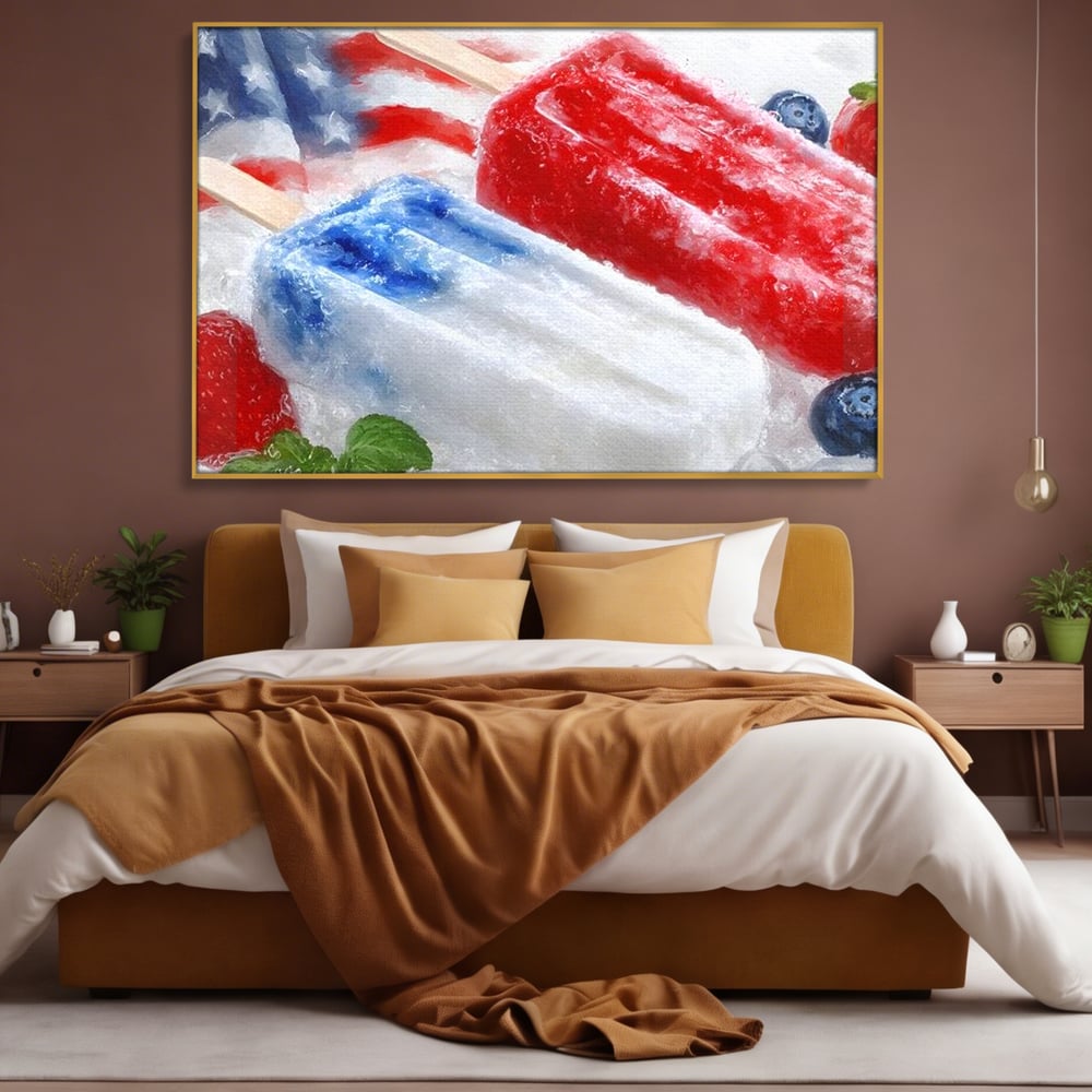 Tablou canvas cu tablou canvas cu inghetata si fructe, in rama de aluminiu auriu, pe perete intr-un dormitor