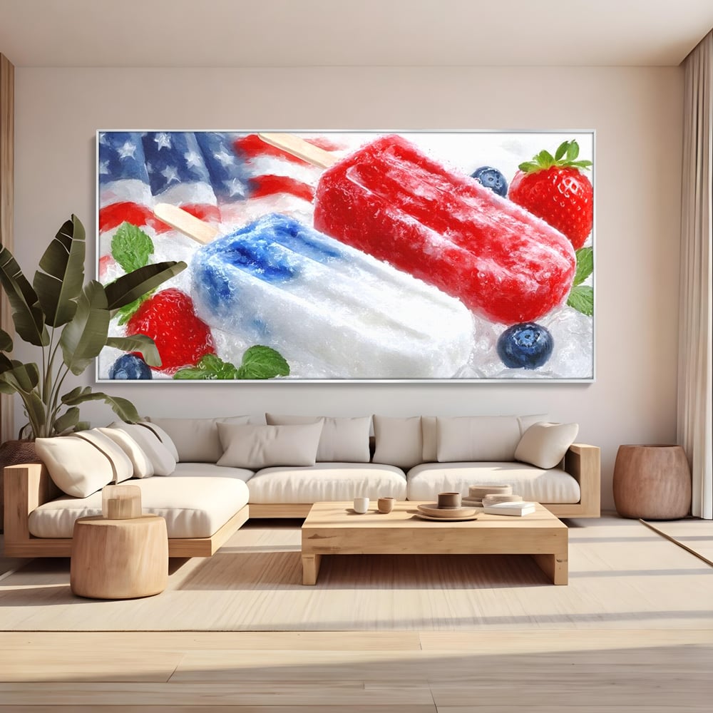 Tablou canvas cu tablou canvas cu inghetata si fructe, in rama de aluminiu argintiu, pe perete intr-un living