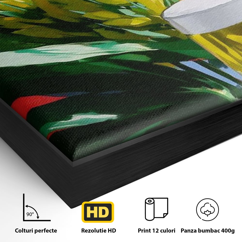 Detaliu al suprafetei: tablou canvas cu halba de bere si frunze tropicale, in rama de aluminiu negru