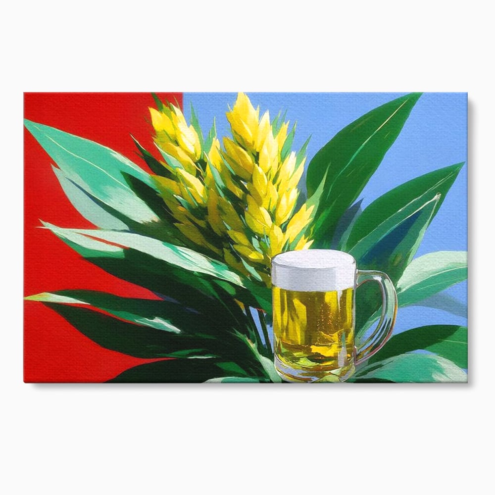 Tablou canvas cu tablou canvas cu halba de bere si frunze tropicale, fara rama, pe sasiu de lemn