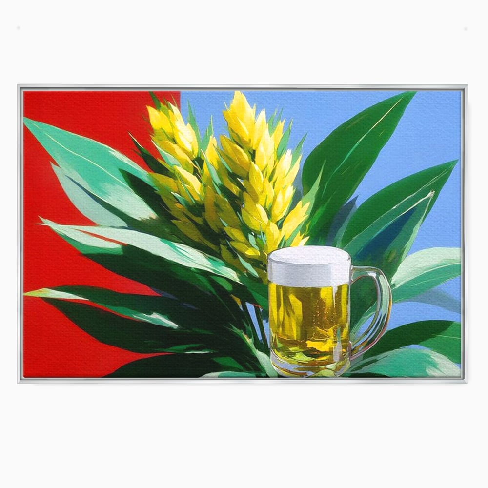 Tablou canvas cu tablou canvas cu halba de bere si frunze tropicale, in rama de aluminiu argintiu