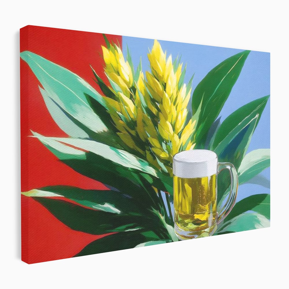 Tablou canvas cu tablou canvas cu halba de bere si frunze tropicale, fara rama, pe sasiu de lemn