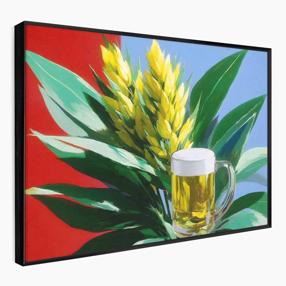 Tablou canvas cu tablou canvas cu halba de bere si frunze tropicale, in rama de aluminiu negru