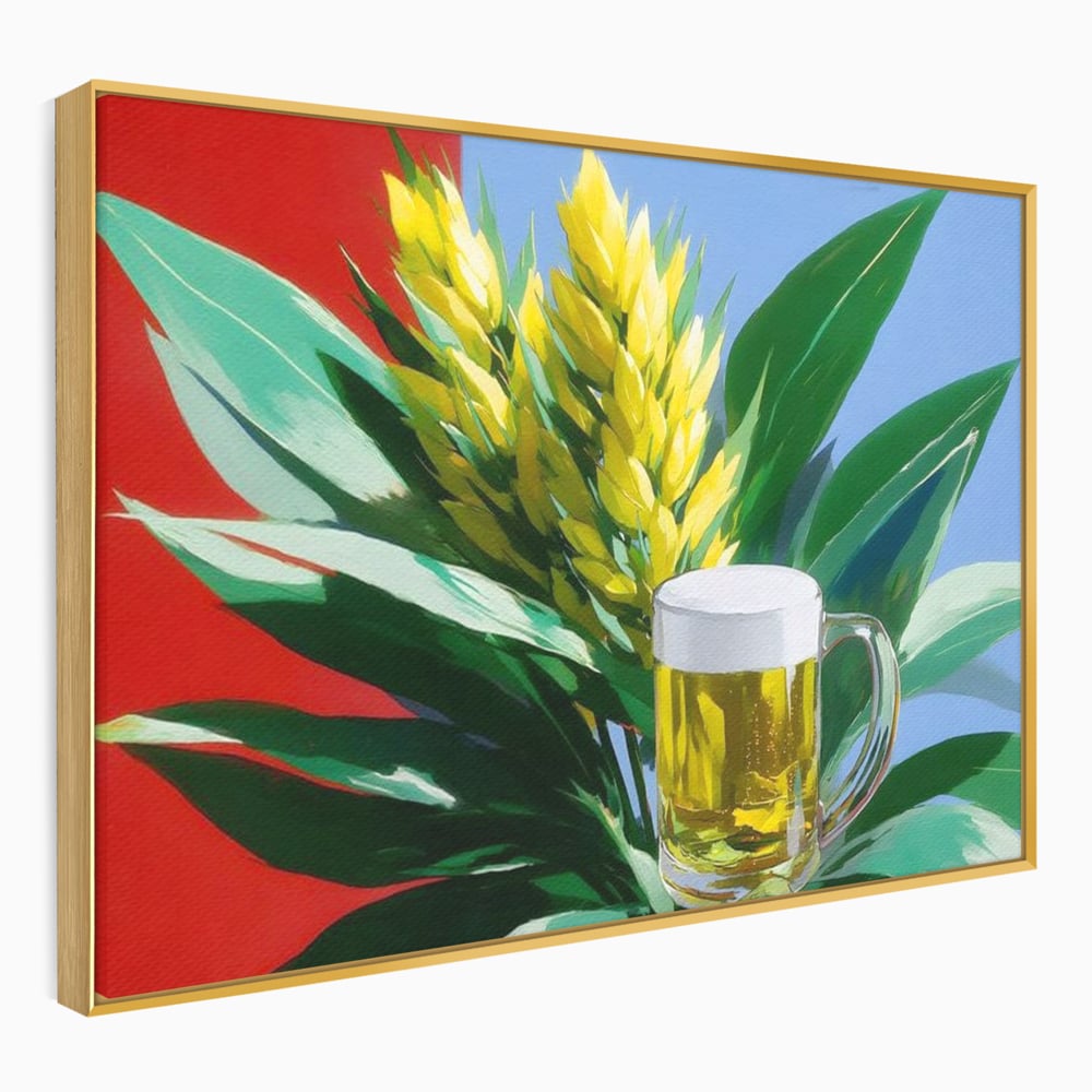 Tablou canvas cu tablou canvas cu halba de bere si frunze tropicale, in rama de aluminiu auriu