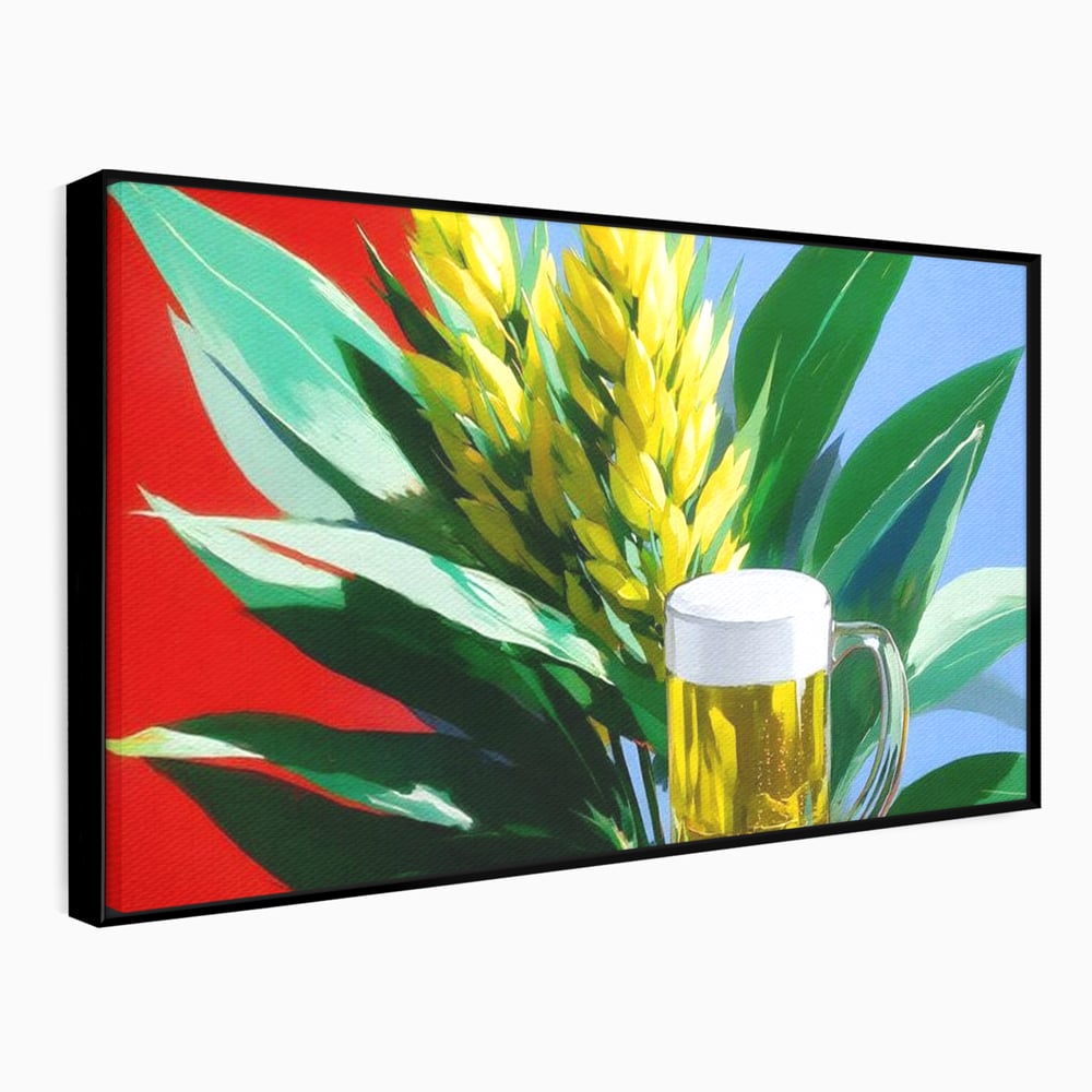 Tablou canvas cu tablou canvas cu halba de bere si frunze tropicale, in rama de aluminiu negru