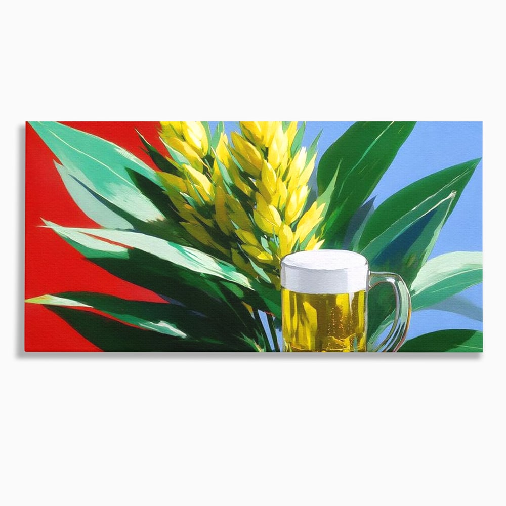 Tablou canvas cu tablou canvas cu halba de bere si frunze tropicale, fara rama, pe sasiu de lemn