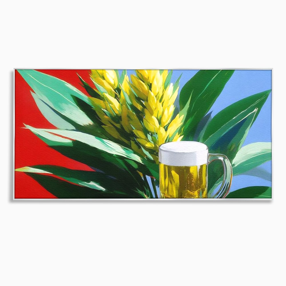 Tablou canvas cu tablou canvas cu halba de bere si frunze tropicale, in rama de aluminiu argintiu