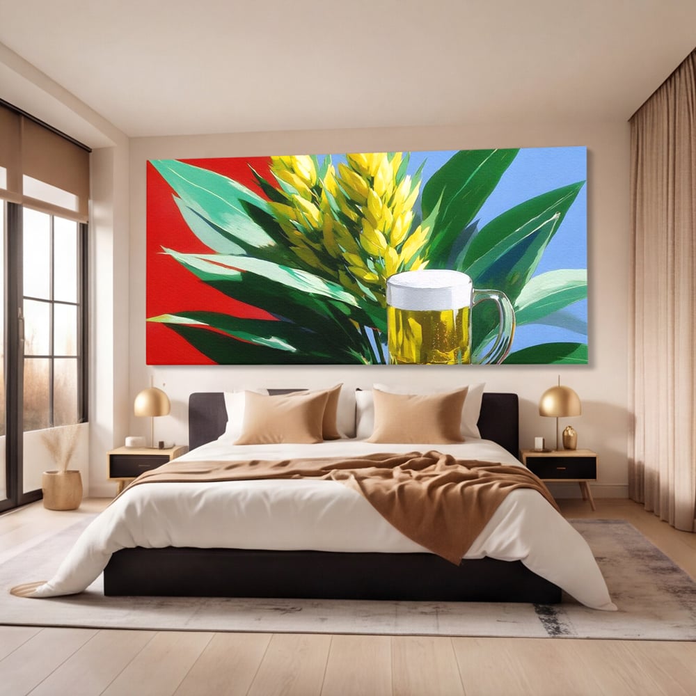 Tablou canvas cu tablou canvas cu halba de bere si frunze tropicale, fara rama, pe sasiu de lemn, pe perete intr-un dormitor