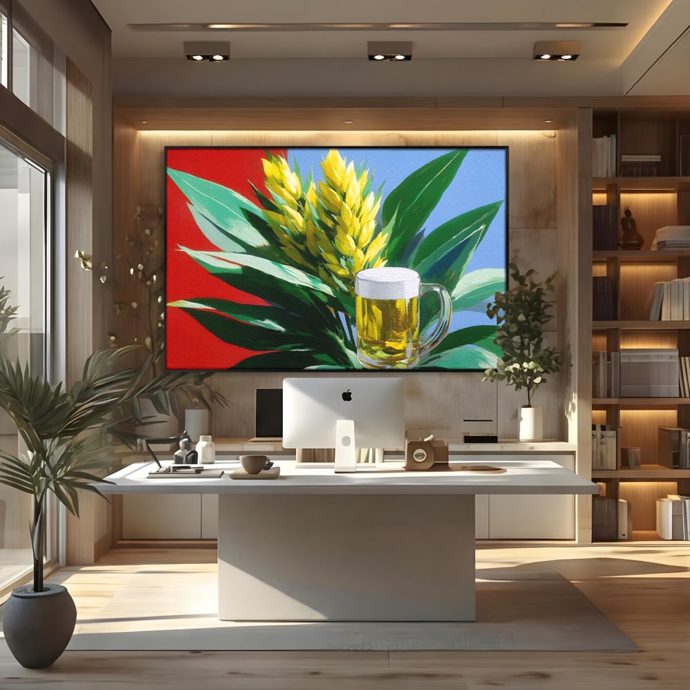 Tablou canvas cu tablou canvas cu halba de bere si frunze tropicale, in rama de aluminiu negru, pe perete intr-un birou