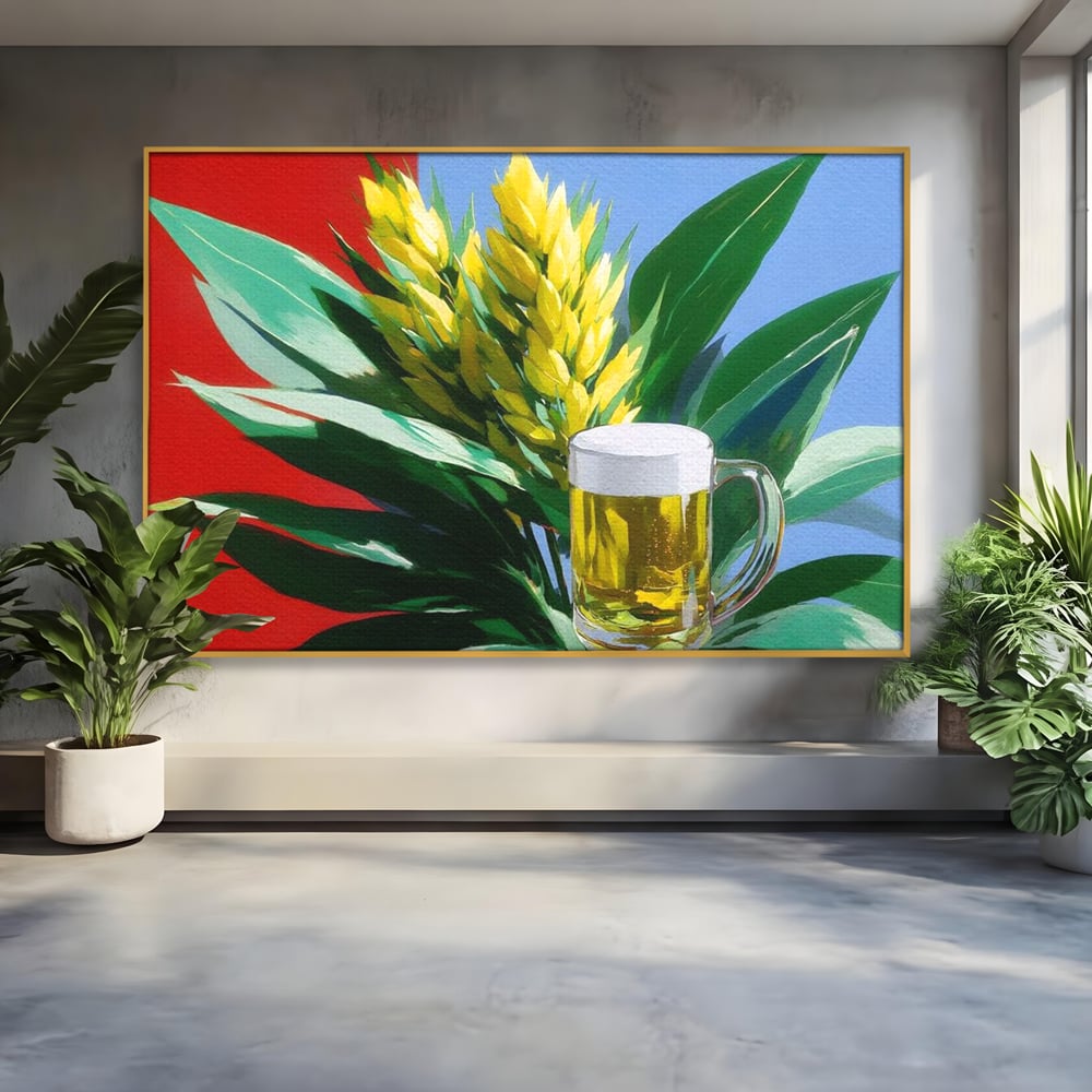 Tablou canvas cu tablou canvas cu halba de bere si frunze tropicale, in rama de aluminiu auriu
